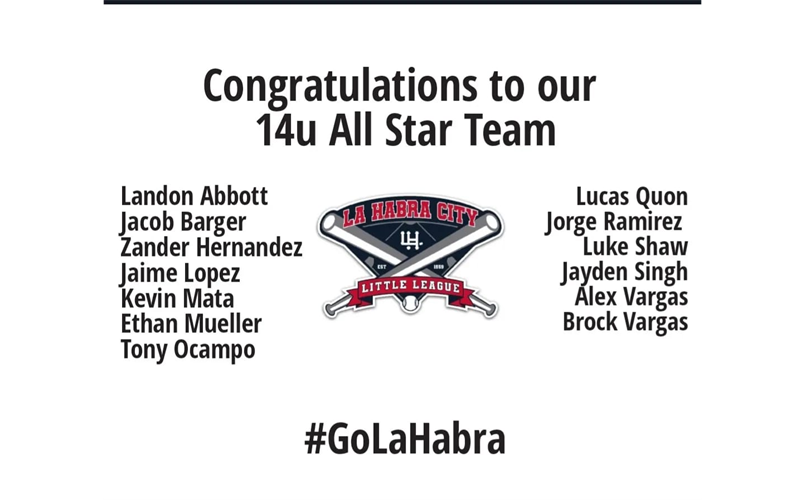 Congratulations to the 14u All Star Team 